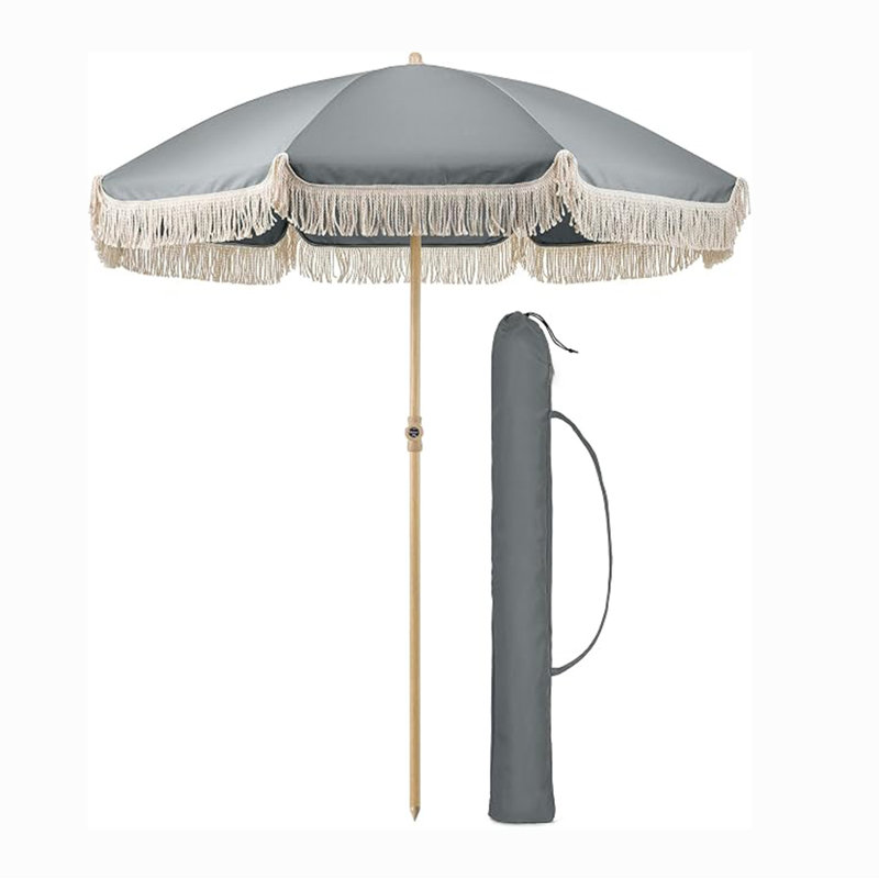 2m Tassel Beach Umbrella,Outdoor Patio Sunshade with Tilting Canopy, Grey Plain
