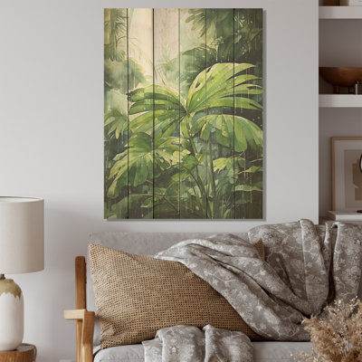 Mossy Morning Palms I - palmiers et palmiers, art sur bois de pin naturel
