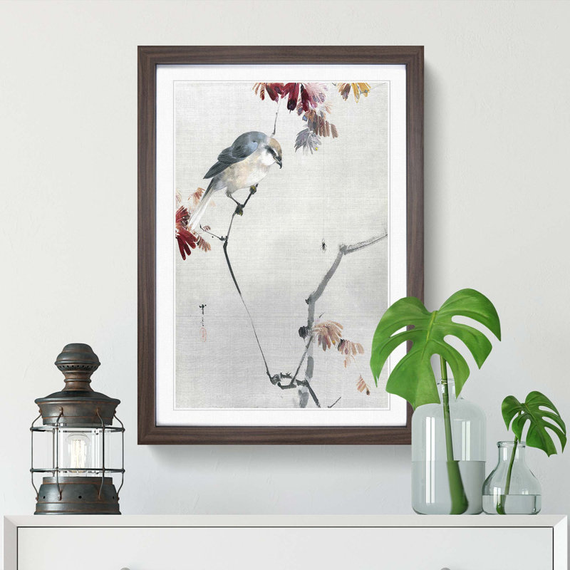 Bird Watching a Spider by Watanabe Seitei - Picture Frame Painting Print, Walnut Framed, 36cm H x 27cm W x 2cm D