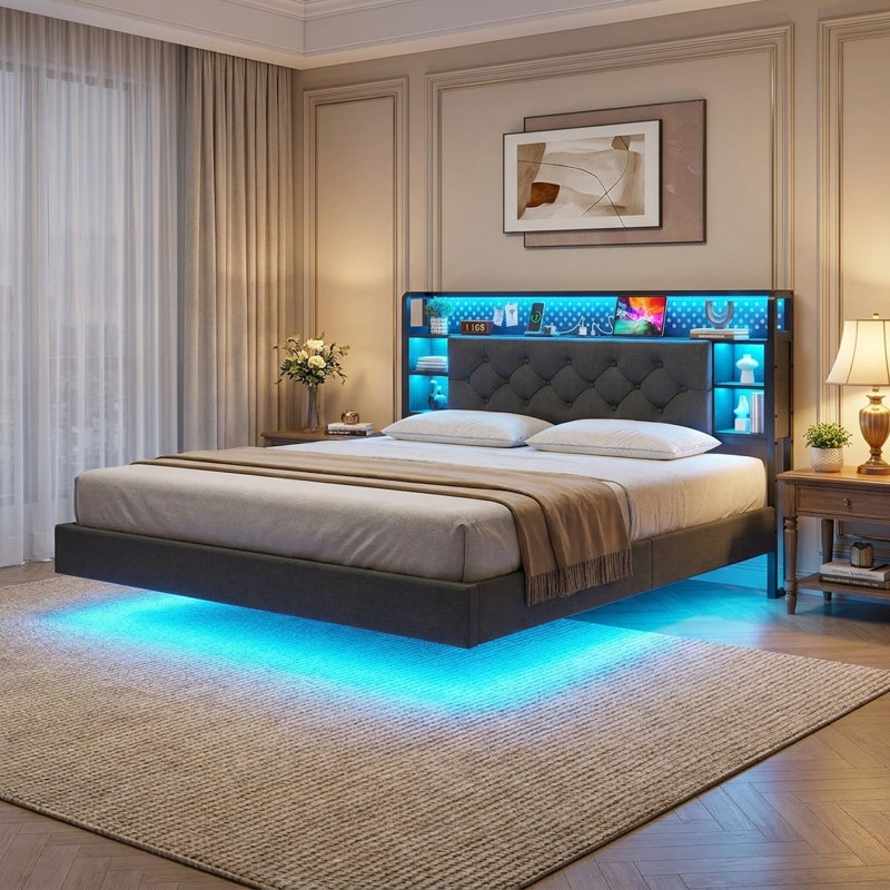 Lit flottant avec rangement et bibliothèque avec station de charge et lumières DEL RVB, Queen