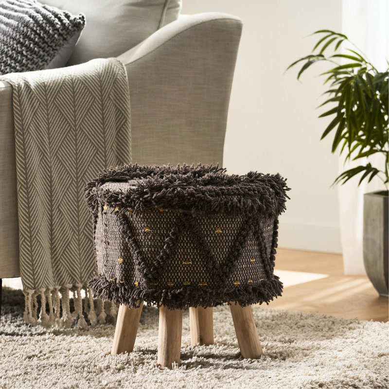 Tabouret de 16 po de largeur tissé à la main en laine et en coton avec support en eucalyptus de 16 po