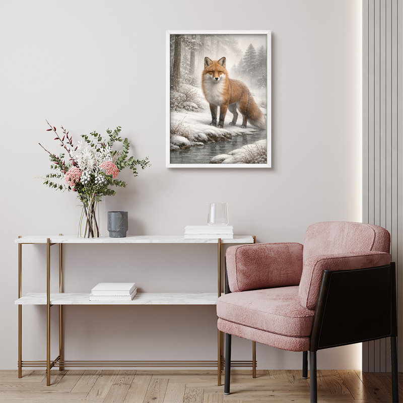 Winter Fox Landscape Framed Wall Art Prints - Fox in snowy forest, for living room, H 10 po x l 8 po, Blanc