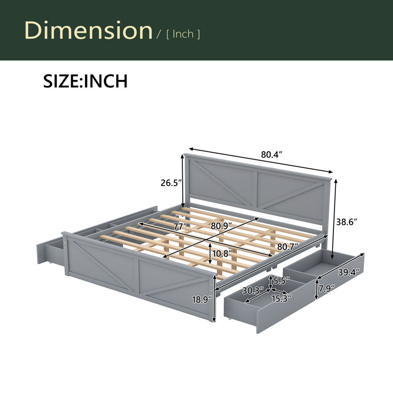 Lit plateforme en bois avec quatre tiroirs de rangement et pieds de soutien, Gris, Très grand lit