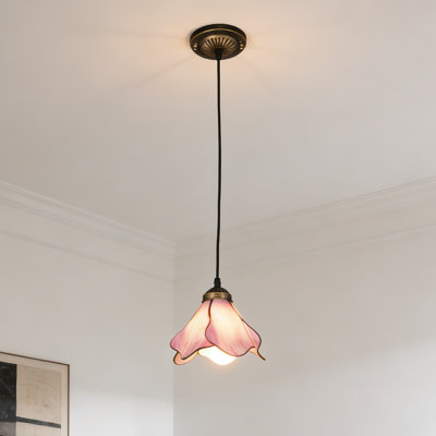7.9" Pink Floral Pendant Light, Antique Bronze, Adjustable Hanging Cord, E26 Bulb Included