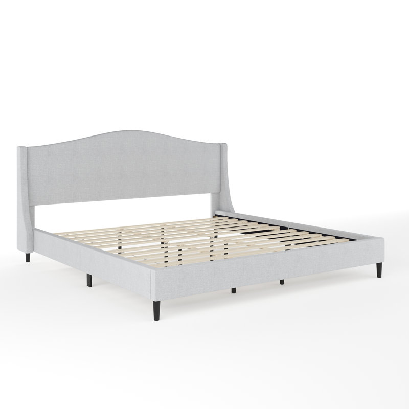 King Gray Linen Upholstered Platform Bed with Curved Headboard