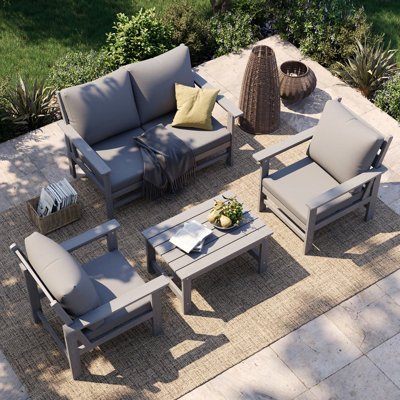 4-Person Modular HDPE Outdoor Conversation Set With Thick Cushions, All-Weather Poly Lumber Patio Sofa Seating Set