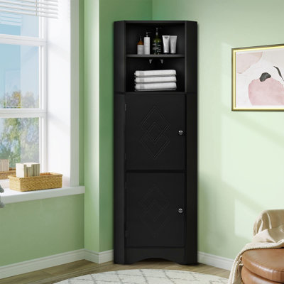 Aalayiah Modern Wooden Tall Bathroom Corner Cabinet with an Open Shelf and Two Cabinets -  Everly Quinn, E04F28F11FF64DF0BAFFB5EFAACF57A3