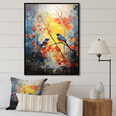 Forêt bleue et jaune avec oiseau bleu - art mural oiseau