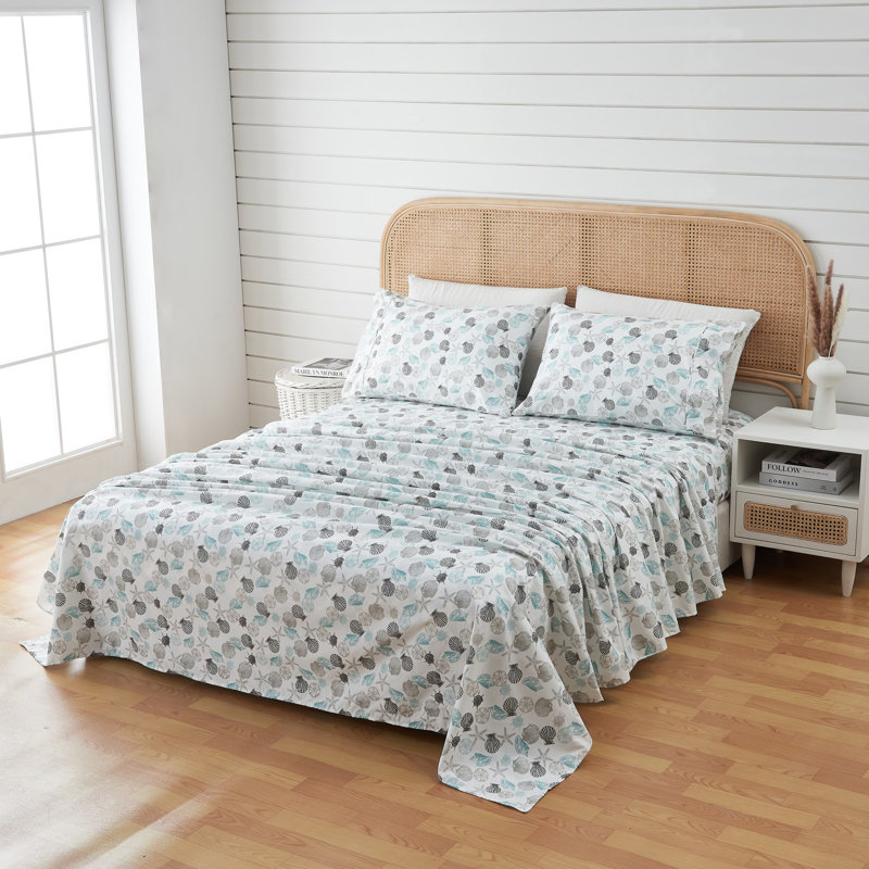 Queen Coastal Seashell Print Microfiber Sheet Set