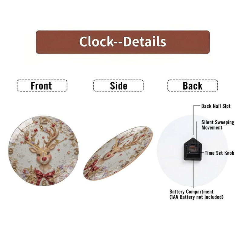 Renne-Noël-Horloge-Visage d'art - Horloge murale moderne en verre 12 po