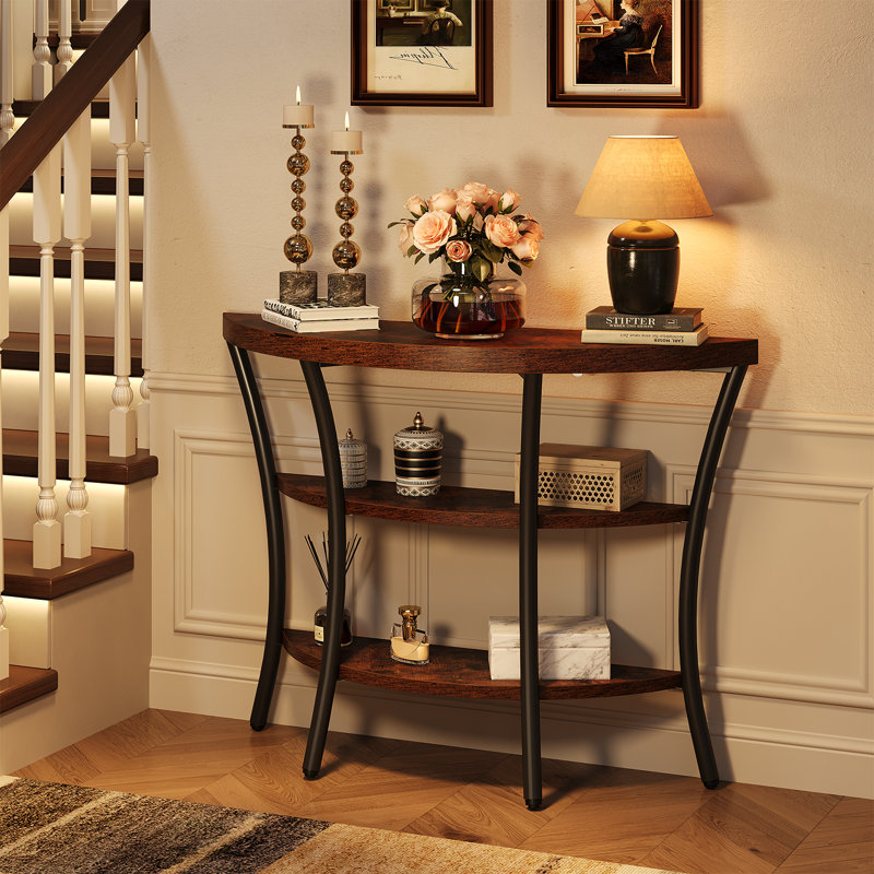 39.4" Console Table With Half Moon Wood Shelves, 3 Tier Modern Entryway Table With Curved Metal Frames, Narrow Sofa Couch Table For Hallway, Entrance, Living Room, Foyer, Rustic Brown