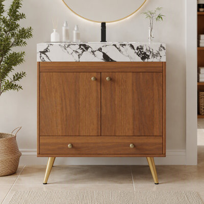 Meuble-lavabo autoportant de style milieu du siècle avec comptoir en faux marbre et lavabo en céramique, armoire de rangement à double porte de 30 pouces, bois d'ingénierie imperméable, pieds dorés
