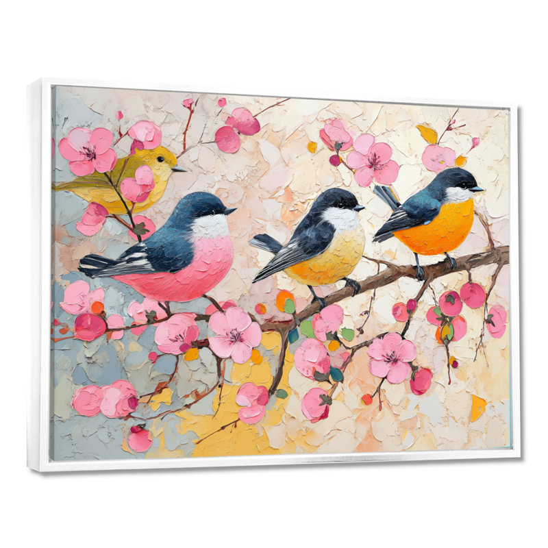 Décoration murale rose, oiseaux noirs et branches I - décoration murale oiseau, Cadre flottant blanc, H 30 po x l 40 po