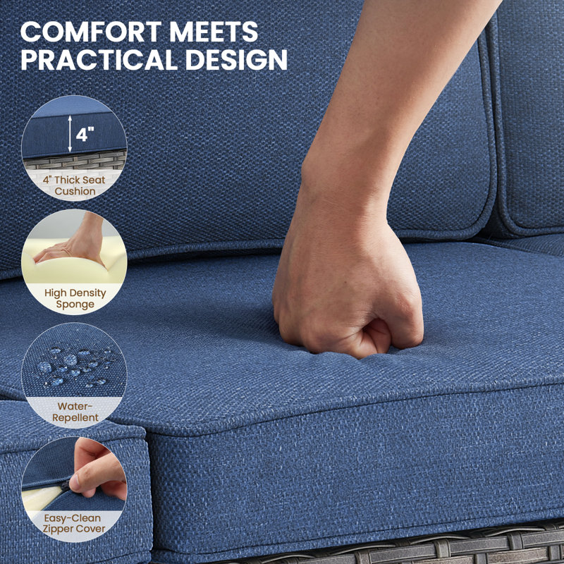 Allcot Patio Outdoor PE Wicker Sofa With Cushions, Blue, Gray