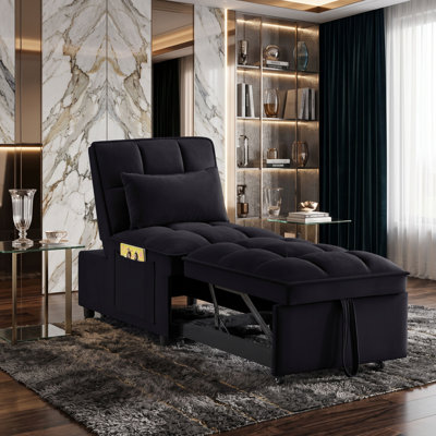 Velvet Convertible Chaise Lounge with Pull-Out Bed and Adjustable Backrest