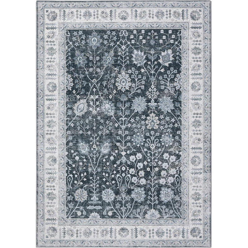 Vintage Floral Medallion Runner Rug - Machine Washable Waterproof Soft Faux Wool Non-Slip Low Pile Kid & Pet Friendly Décor (Black)