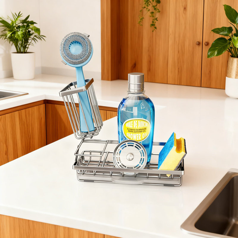 Organisateur de chariot d'évier de cuisine - Porte-éponge en acier inoxydable avec ramasse-gouttes et coupelle à brosse