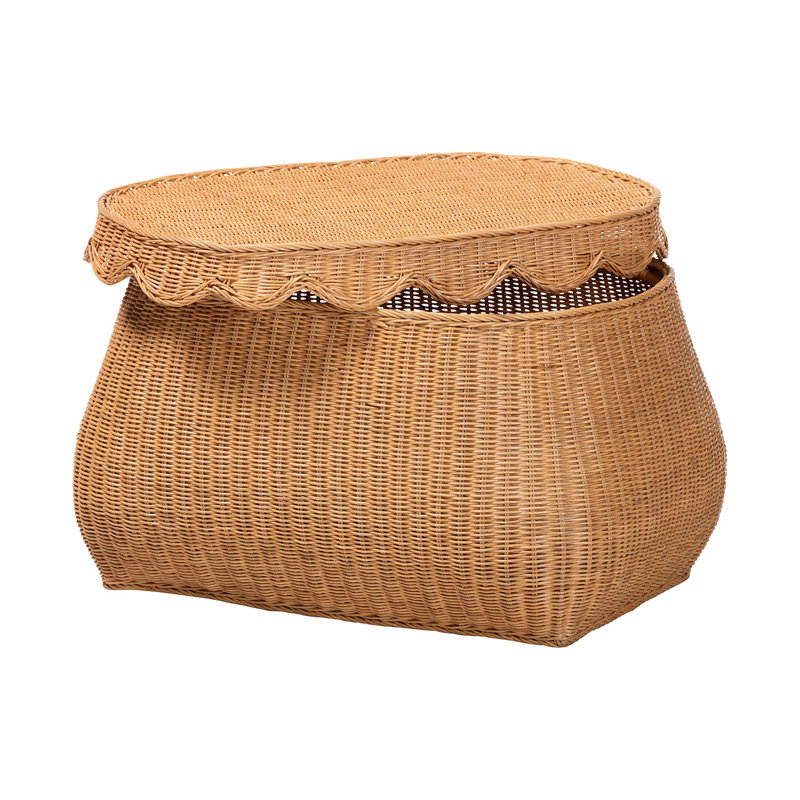 Bali & Pari Ayleen Natural Rattan Basket With Scalloped Lid – Handwoven Wicker Storage Box, Boho Coastal Home Décor, Medium
