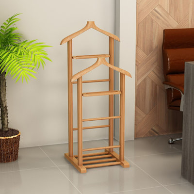 Elegant Valet Stand, 100% Beech Wood, 13.2 x 47.2 x 18.1 inches | Multipurpose Hanger for Suits, Coats & Accessories | Assembled, Natural Brown Finish | Perfect for Entryway, Bedroom & Closet Organization, Stylish & Functional Design
