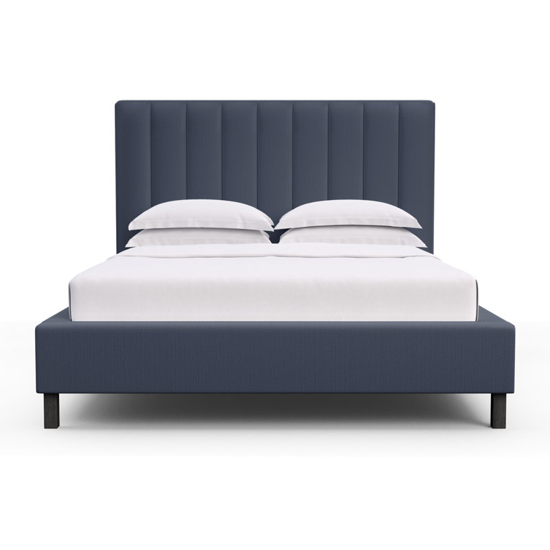 Highline Upholstered Bed, Full, Box Weave Linen Blue Print, Ebony