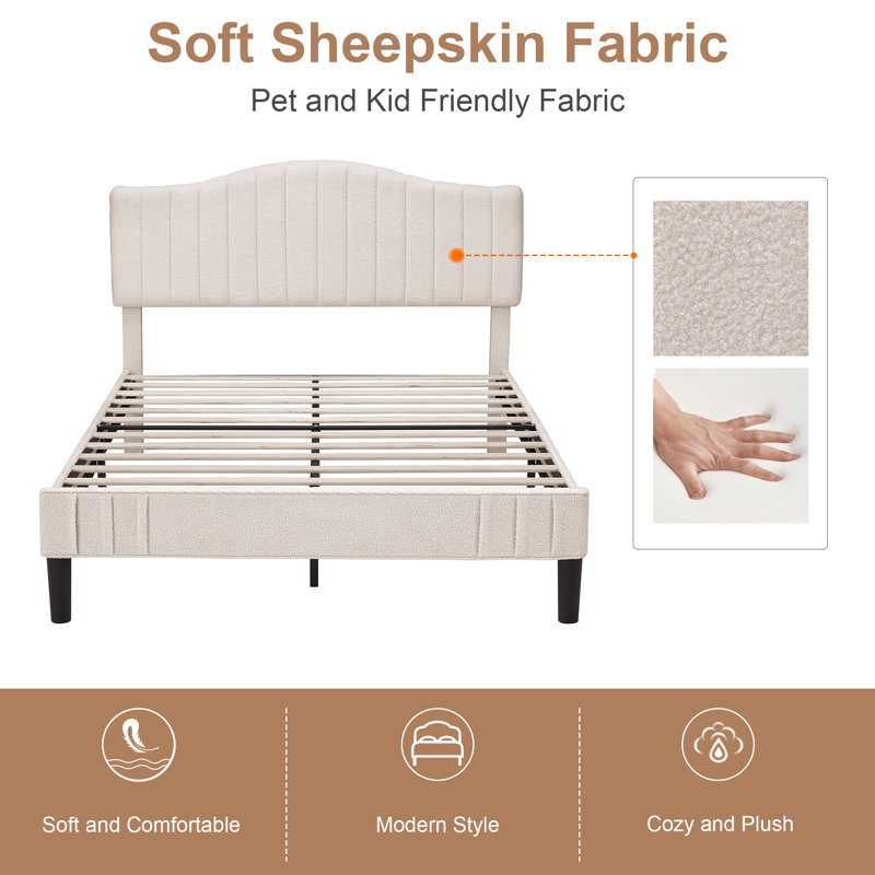 Full Size Beige Teddy Fabric Upholstered Platform Bed Frame with Height-Adjustable Headboard, Noise-Free Storage Design, No Box Spring Needed