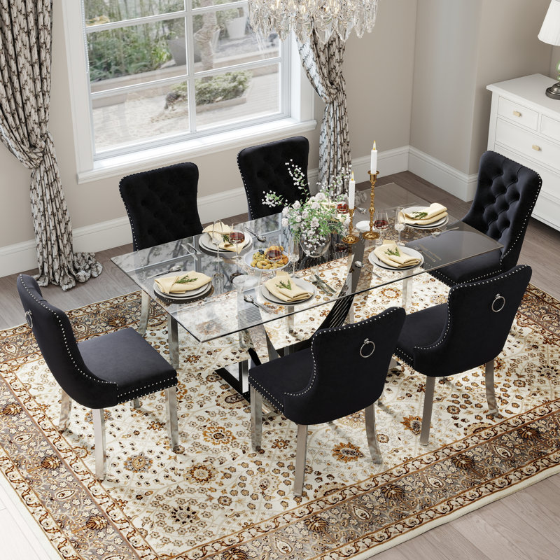 Ensemble de salle à manger rectangulaire 35,4 po Kazandra, H 30 po x L 63 po x l 35,4 po, Argent, Noir