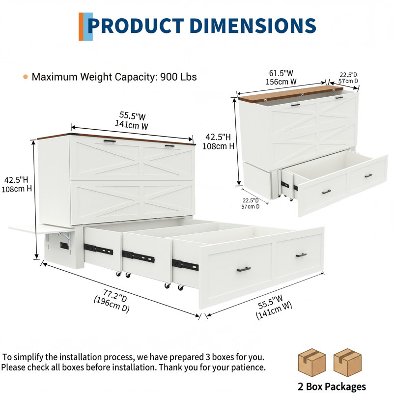 Grand lit escamotable avec station de charge et armoire de rangement avec panneau pliable blanc + brun blanc brun