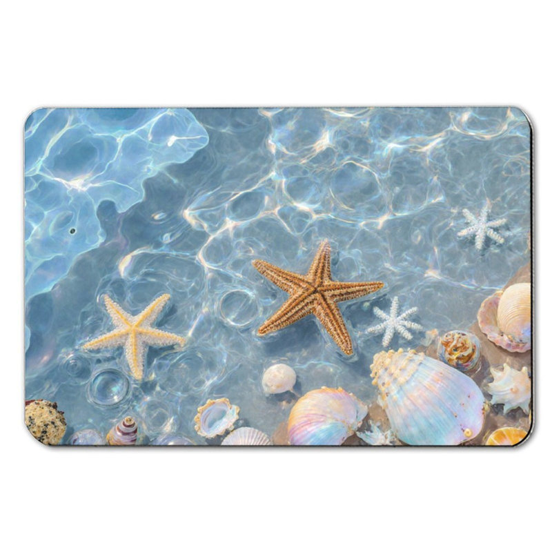 Tapis de bain étoile de mer et coquillages, 16 po x 24 po, Bleu / jaune clair, Animal marin