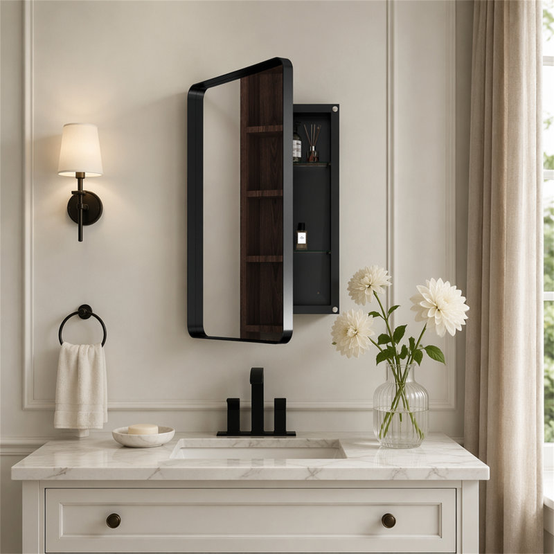 Armoire à pharmacie 20 po x 30 po à cadre en métal noir avec miroir et tablettes réglables