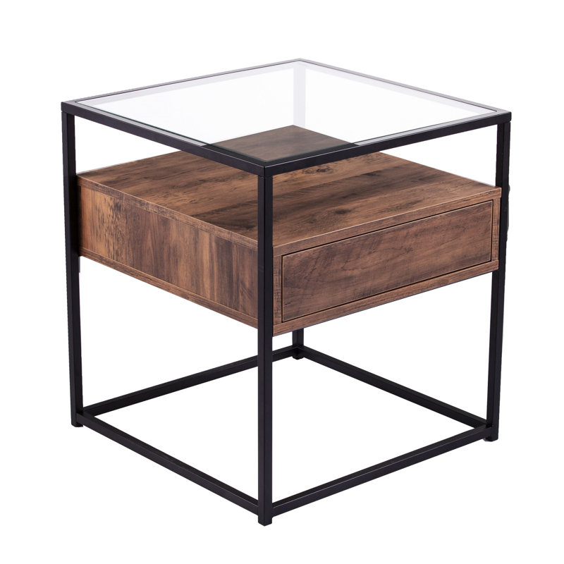  Table de bout en fer et en verre noir contemporain 22 "avec tiroir et tablette
