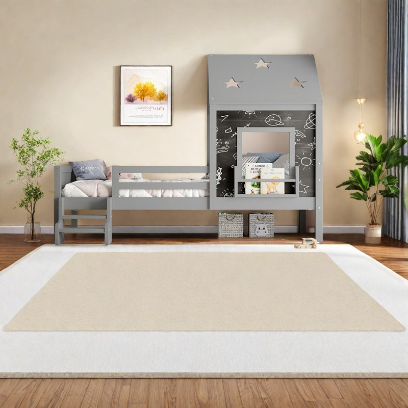 Lits simples en bois compacts, gris moderne, avec rangement et toit étoilé
