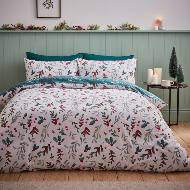 Brushed Cotton Christmas Holly and Mistletoe Duvet Cover Set, Single Duvet Cover + 1 Standard Pillowcases