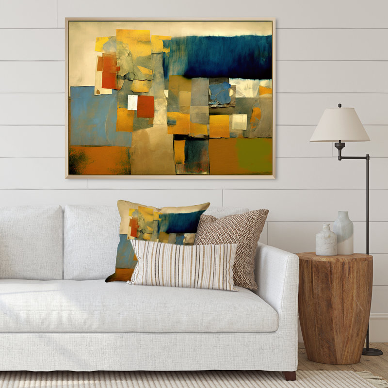 Lever de soleil sur la ville rétro cubiste Colourfields I - paysage abstrait, 30" H x 40" W, Gold Picture Framed