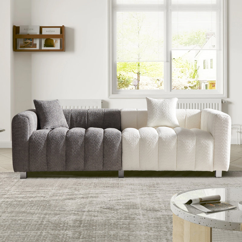 87.4'' Premium Velvet Sofa 3-Seater Loveseat, White/Grey Fabric