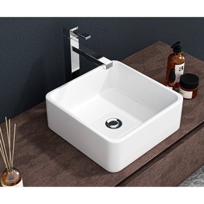 Lavabo de salle de bain vasque en céramique blanche 15 po x 15 po - Conception classique contemporaine, acide, méthode d'installation carrée simple 15 po x 15 po x 5,5 po, style élégant teinté, intérieur / extérieur applicable