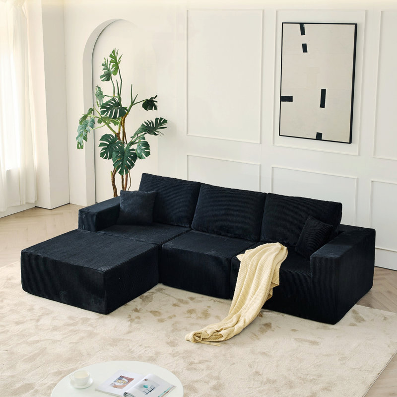 Canapé modulaire Boneless, canapé 3 places avec repose-pieds et 2 coussins pour le salon et la chambre à coucher, Noir
