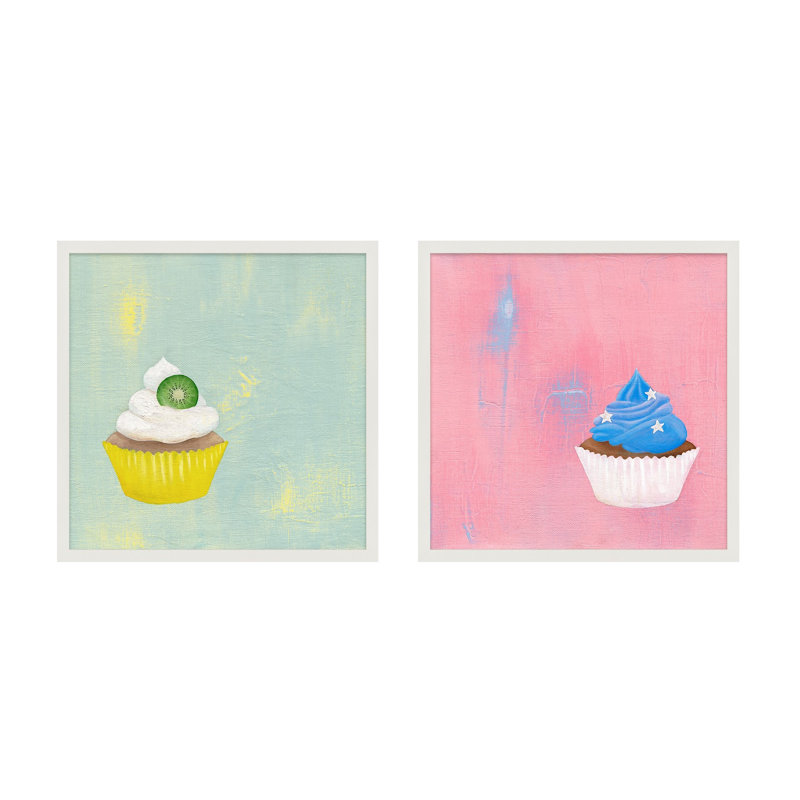 Kiwi And Star Cupcakes. Set Of 2 Print by Katy Montica, White Framed Paper, 10" W x 10" H x 1.25" D