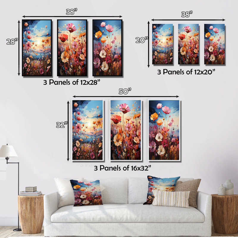«Purple Wildflowers Symphony», 3 pièces sur toile, Encadrement doré, H 28 po x l 36 po