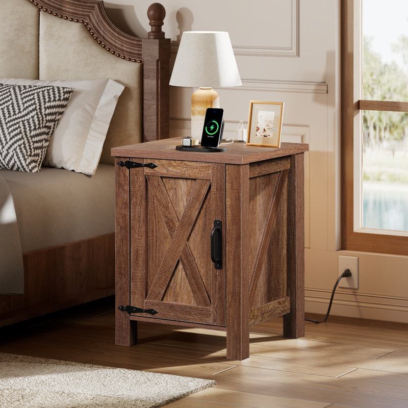Adaija 18'' W Charging Nightstand with Power Outlets & USB, Farmhouse End Table with Barn Door and 3-Level Shelf Storage, Rustic Bedside Table for Bedroom and Living Room