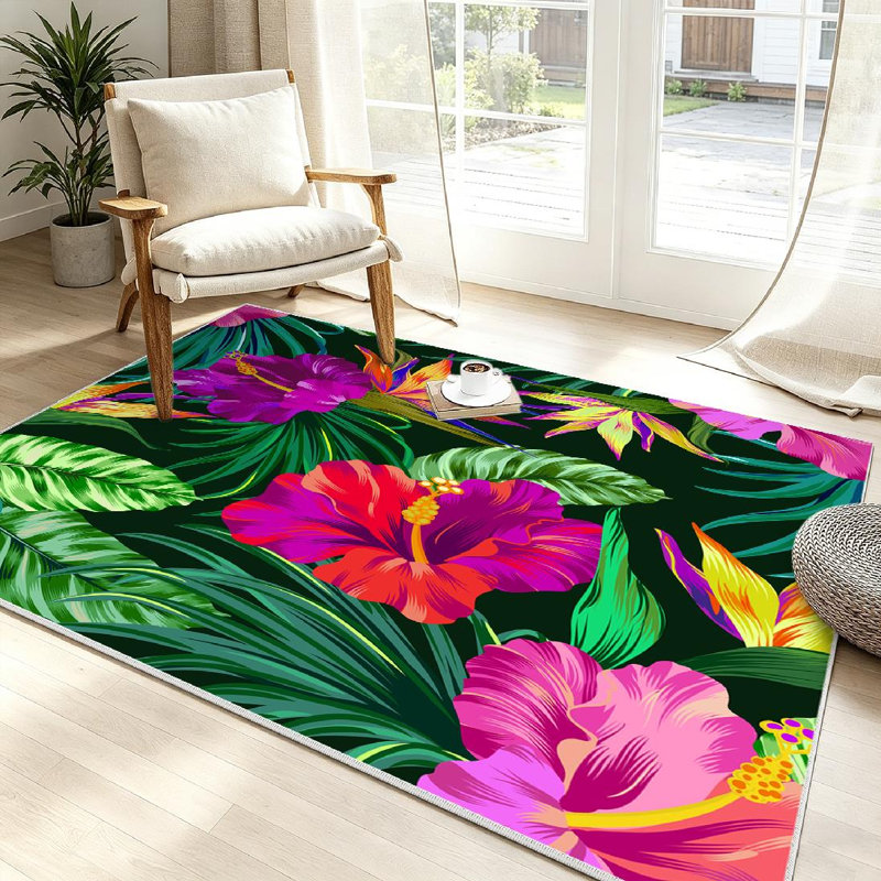 Pink Amazing Tropical Flowers Botanical Hibiscus Palm Bird Paradise File Machine Washable Indoor Area Rug