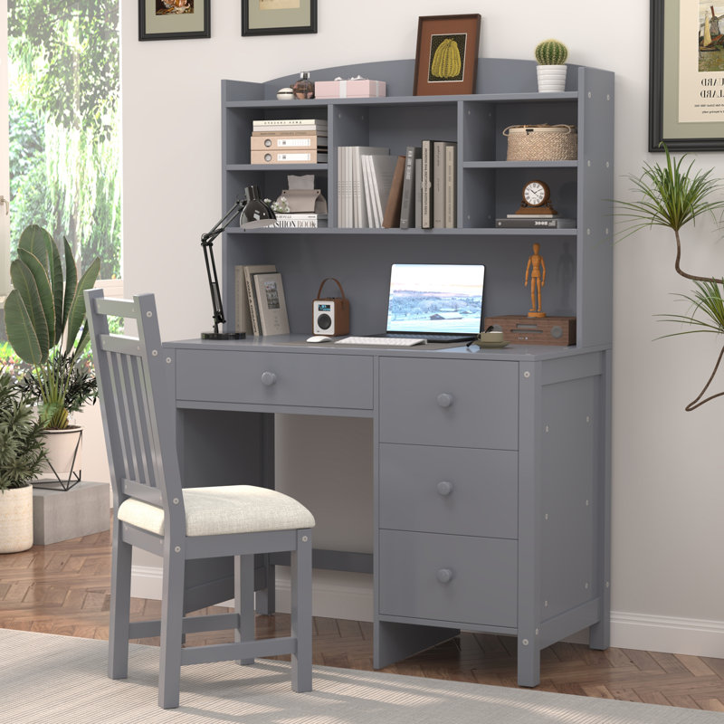  Ensemble de bureau de direction 40 pouces et chaise rembourrée avec bibliothèque, bureau d'ordinateur avec 4 tiroirs et tablette de rangement, gris