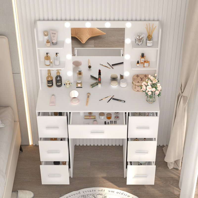 Ensemble de table de coiffeuse avec miroir lumineux à DEL avec tablettes et tiroirs, 3 modes d'éclairage