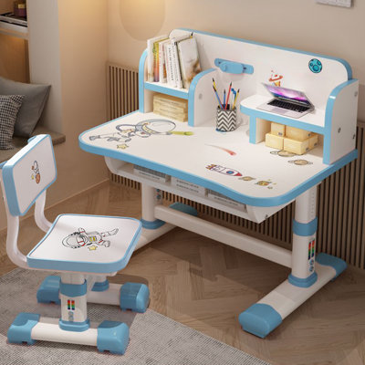 Ensemble de chaise de bureau, ensemble de chaise de bureau à motif de bureau élargi pour enfants, table d'étude à hauteur réglable avec tiroir (bleu)