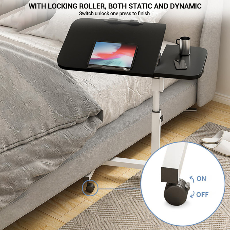 Adjustable Tilt Overbed Bedside Table with Wheels, Mobile Laptop Standing Desk Portable Rolling Computer Cart Movable End Table Sofa Side Table for Home Hospital Use