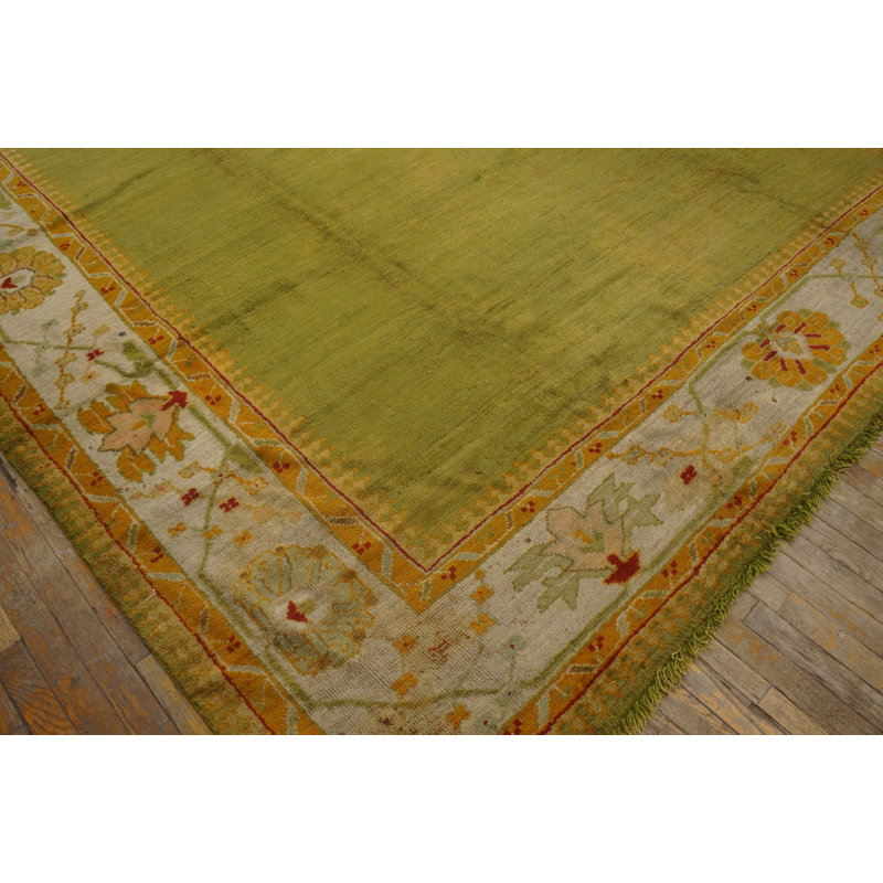 Green Color Solid Open Field Antique Room Size Turkish Oushak Rug