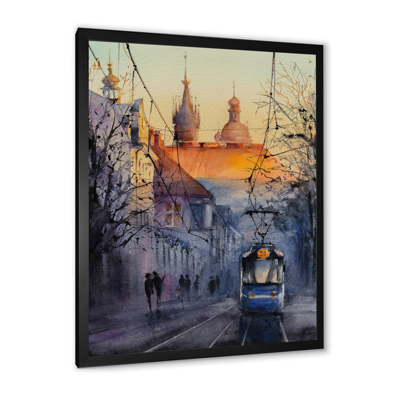 Reproduction de cadre photo sur toile, "Blue-pass par Eastern European City", Toile avec cadre photo noir
