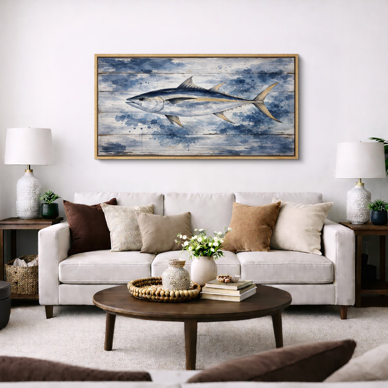Blue Yellow Tuna Fish on Distressed Wood Coastal Nautical Wall Decor Extra Large Pictures Framed Canvas Print Wall Art