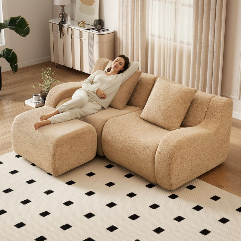 Boneless L Shaped Teddy Fabric Boneless Sofa,No Assembly Required Curved Armrest,Streamlined Design Ergonomic Design for Living Room Bedroom, No Assembly Required