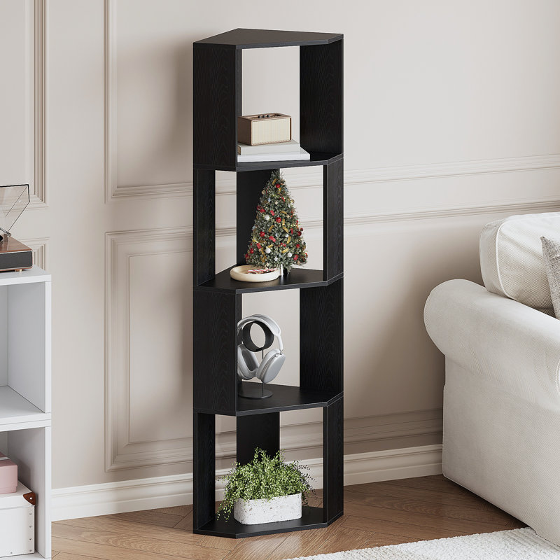 Corner Bookshelf, 4 Tiers Wooden Corner Bookcase Bookshelf Large Open Storage Display Rack with Fixture for Living Room Bedroom Study Office
