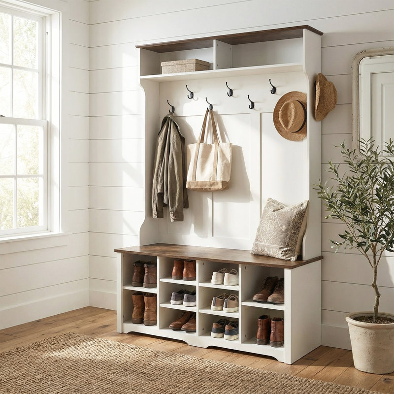 Arbre d'entrée de 47,2 po de largeur avec banc et rangement pour chaussures, White/Brown